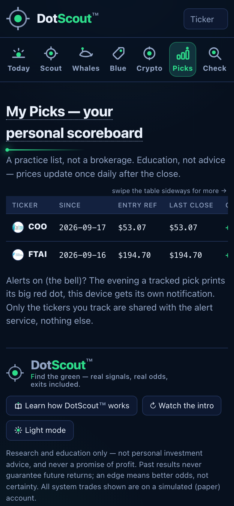 DotScout My Picks screen